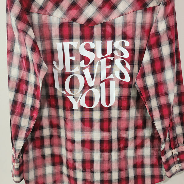 Jesus Loves You Custom Christian Upcycled Plaid Western Snap Button Shirt, Women's S