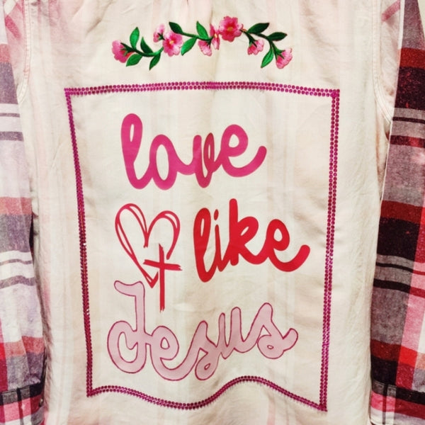 Love Like Jesus Custom Christian Upcycled Floral Bling Back Pink Plaid Tencel Shirt, Size L
