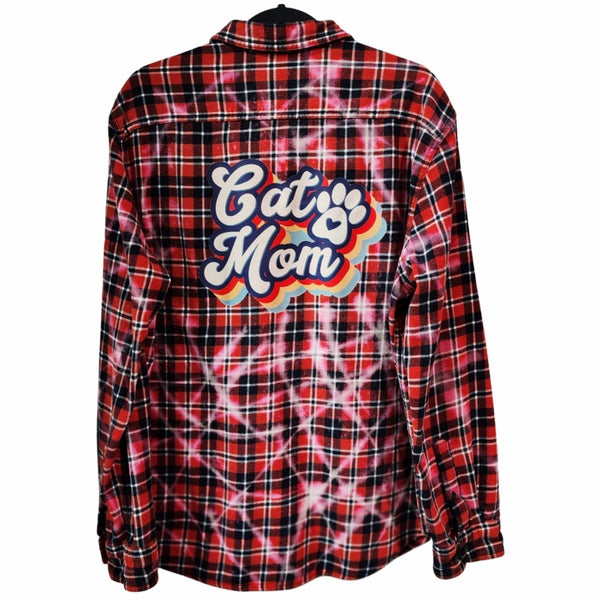 Cat Mom Orange & Blue Custom Upcycled Plaid Flannel Shirt, XL