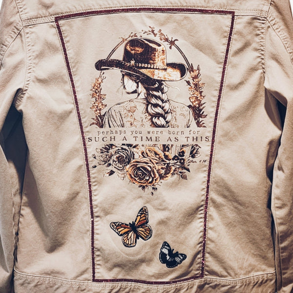 Perhaps You Were Born for Such a Time as This Custom Purple Rhinestone Embellished Christian Upcycled Tan Jacket, Women's 8