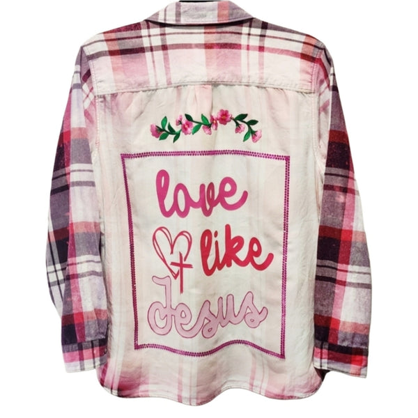 Love Like Jesus Custom Christian Upcycled Floral Bling Back Pink Plaid Tencel Shirt, Size L