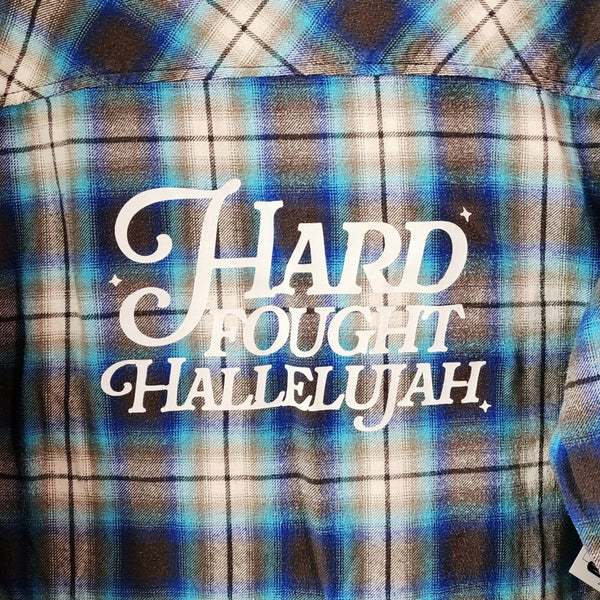 Hard Fought Hallelujah Upcycled Blue Plaid Flannel Shirt, Women's M