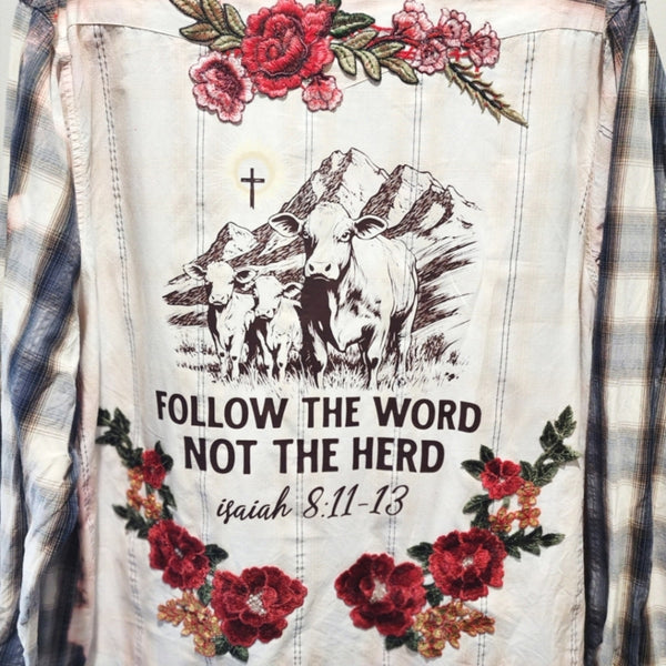 Follow The Word, Not The Herd Custom Christian Plaid Western Snap Pearl Button Shirt, XL