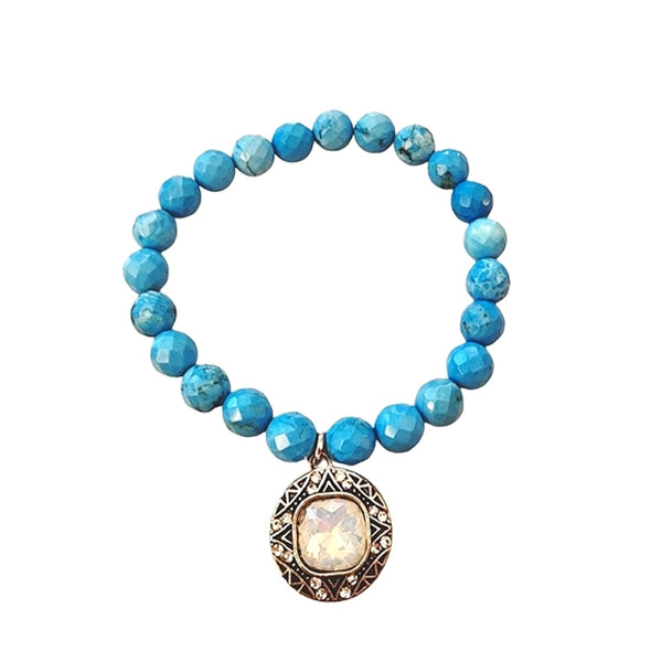 Interchangeable Clear Crystal Snap Charm Stretch Turquoise Beaded Bracelet