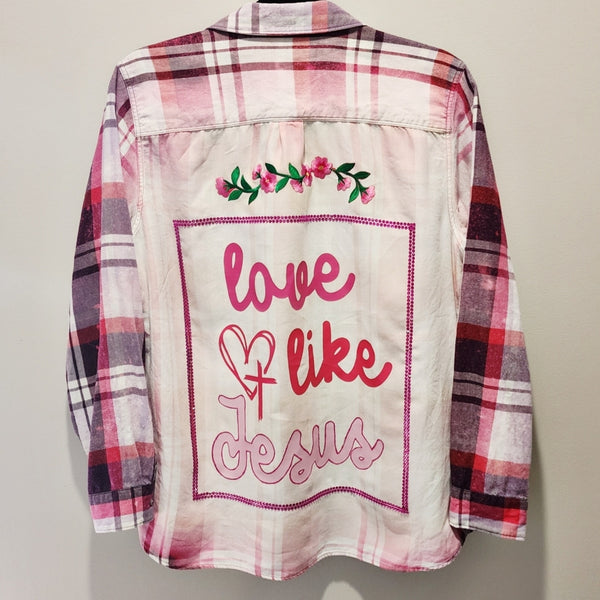 Love Like Jesus Custom Christian Upcycled Floral Bling Back Pink Plaid Tencel Shirt, Size L