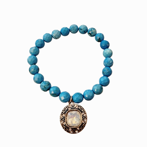 Interchangeable Clear Crystal Snap Charm Stretch Turquoise Beaded Bracelet