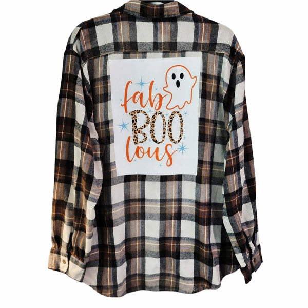 Fab BOO Lous Brown & White Custom Plaid Flannel Shirt, XL