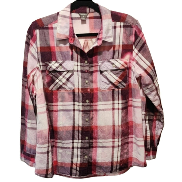 Love Like Jesus Custom Christian Upcycled Floral Bling Back Pink Plaid Tencel Shirt, Size L