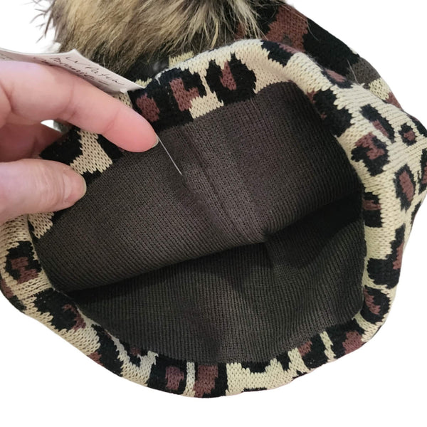 Camo Leopard Sherpa Lined Beanie Pom Hat with Repurposed Patch Upcycled Designer Gemz