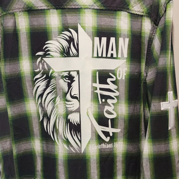 Man of Faith Lion of Judah Green Plaid Shirt, Men's XL