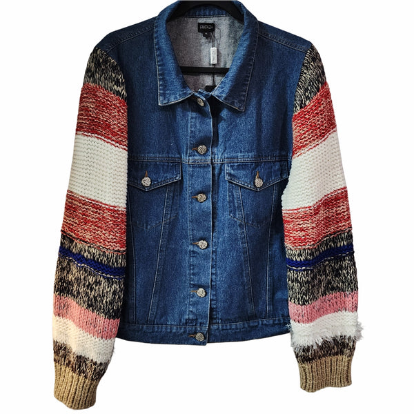 Faith Can Move Mountains Floral Custom Upcycled Sweater Sleeve Jean Jacket, Women's XL