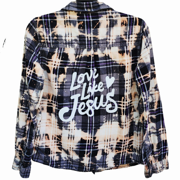 Love Like Jesus Custom Christian Upcycled Black Plaid Flannel Shirt, L