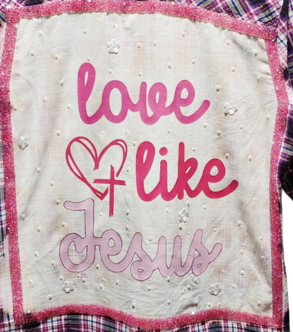 Love Like Jesus Custom Upcycled Plaid Shirt, Women's S