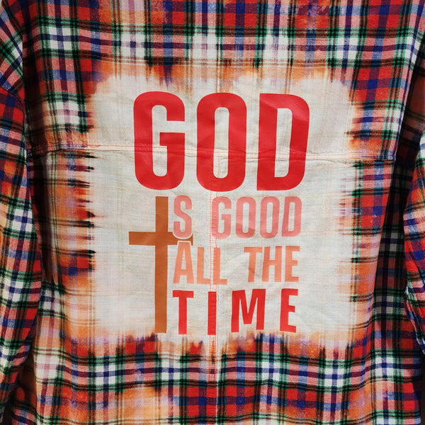 God Is Good All The Time Custom Upcycled Plaid Shirt, Women's S