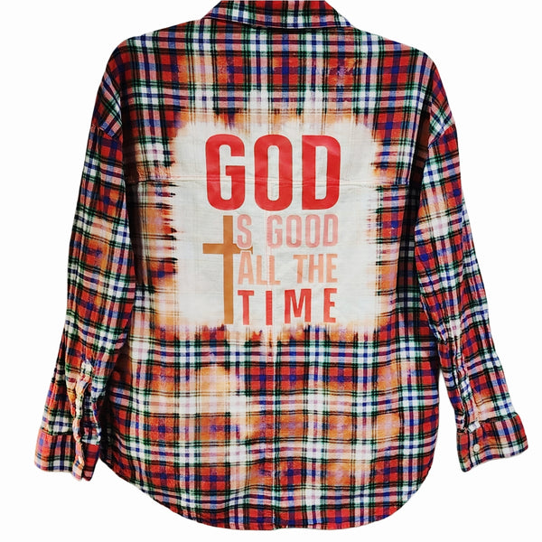 God Is Good All The Time Custom Upcycled Plaid Shirt, Women's S