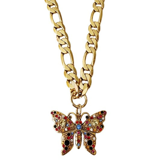Repurposed Designer Multi-Gemstone Butterfly Pendant on Chunky Figaro Chain