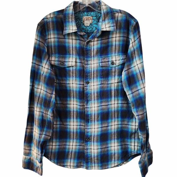 Hard Fought Hallelujah Upcycled Blue Plaid Flannel Shirt, Women's M