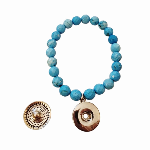 Interchangeable Clear Crystal Snap Charm Stretch Turquoise Beaded Bracelet