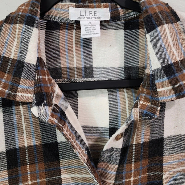 Fab BOO Lous Brown & White Custom Plaid Flannel Shirt, XL
