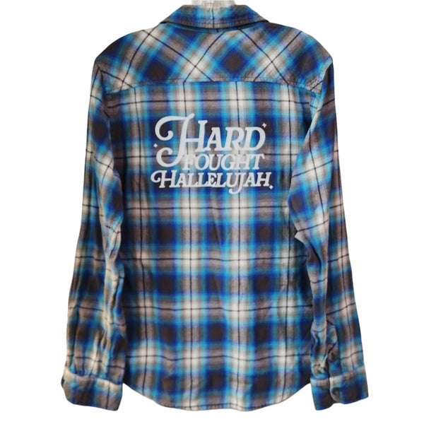 Hard Fought Hallelujah Upcycled Blue Plaid Flannel Shirt, Women's M