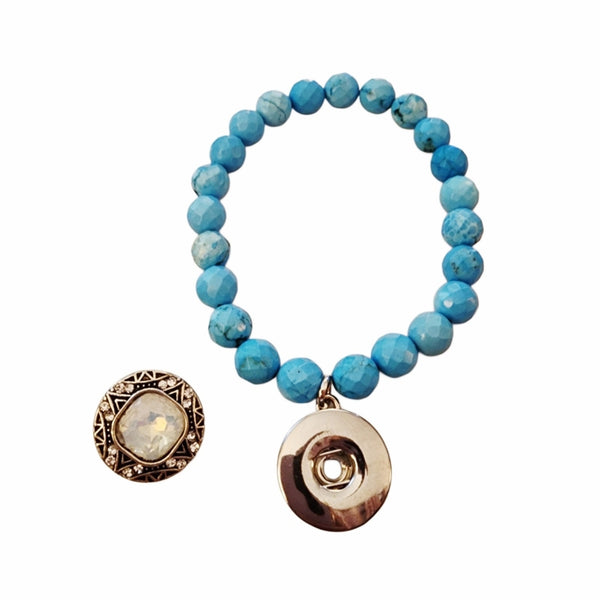 Interchangeable Clear Crystal Snap Charm Stretch Turquoise Beaded Bracelet