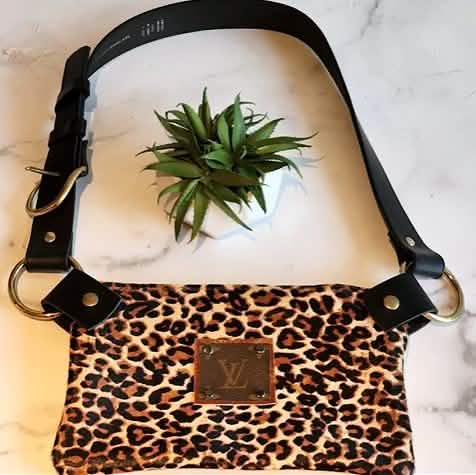 Recycled Hair on Hide LV Patch Leopard Print Shoulder Bag with Repurposed Belt Strap Handbag Upcycled Gemz