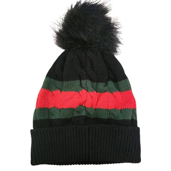 Black Striped Sherpa Lined Pom Beanie with Repurposed LV Patch