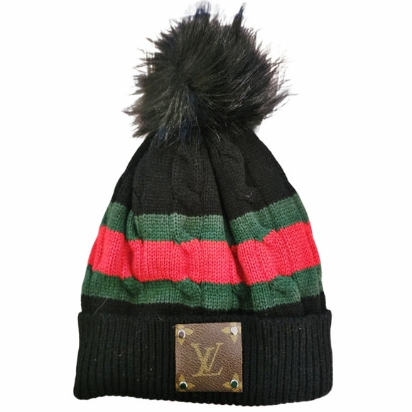 Black Striped Sherpa Lined Pom Beanie with Repurposed LV Patch