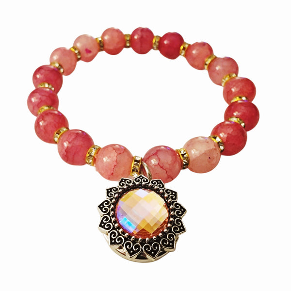 Interchangeable Crystal SunflowerSnap Charm Pink & Rhinestone Beaded Stretch Bracelet