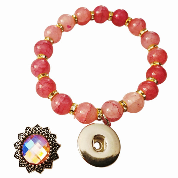 Interchangeable Crystal SunflowerSnap Charm Pink & Rhinestone Beaded Stretch Bracelet