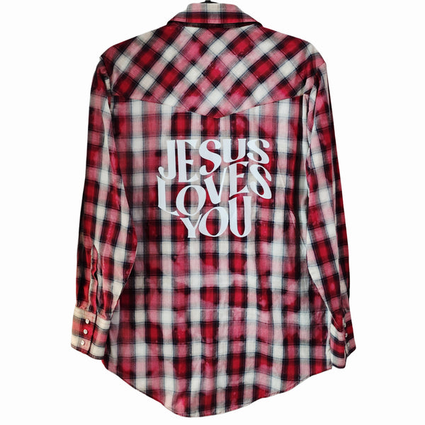 Jesus Loves You Custom Christian Upcycled Plaid Western Snap Button Shirt, Women's S
