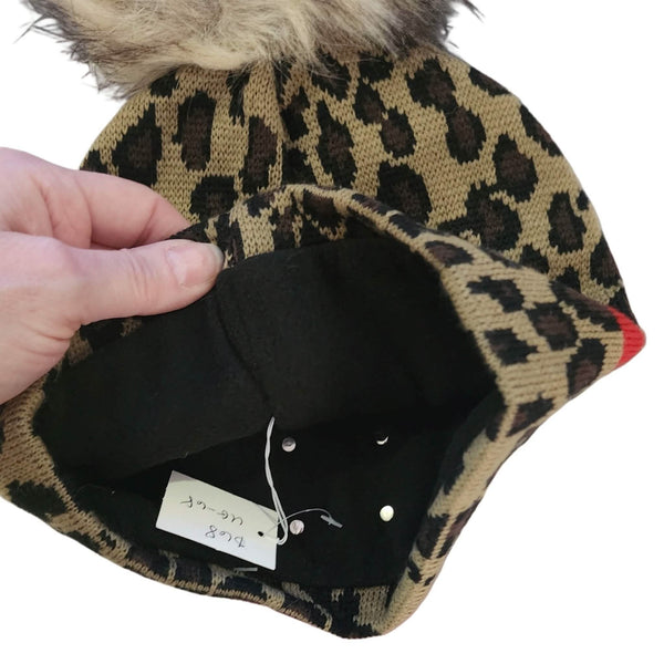 Leopard Red Stripe Sherpa Lined Beanie Pom Hat with Repurposed Patch Upcycled Designer Gemz