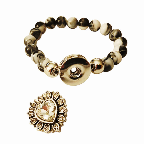 Beaded Stretch Bracelet with Interchangable Clear Crystal Heart Snap Charm - Black