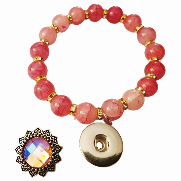Interchangeable Crystal SunflowerSnap Charm Pink & Rhinestone Beaded Stretch Bracelet