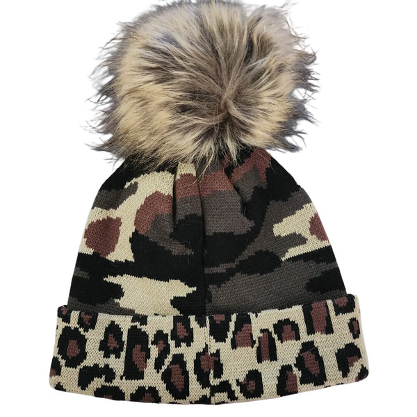 Camo Leopard Sherpa Lined Beanie Pom Hat with Repurposed Patch Upcycled Designer Gemz