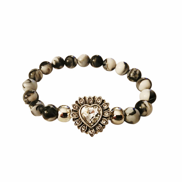 Beaded Stretch Bracelet with Interchangable Clear Crystal Heart Snap Charm - Black