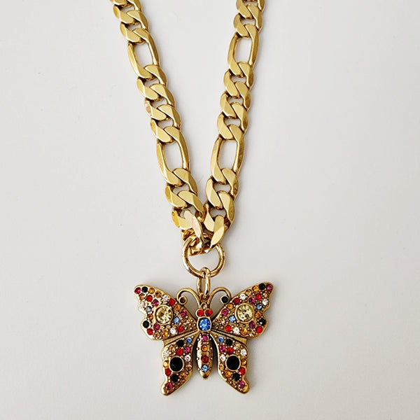 Repurposed Designer Multi-Gemstone Butterfly Pendant on Chunky Figaro Chain