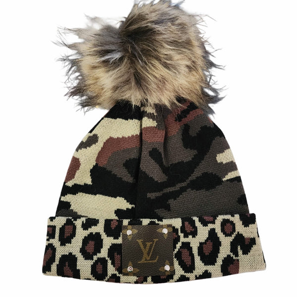 Camo Leopard Sherpa Lined Beanie Pom Hat with Repurposed Patch Upcycled Designer Gemz