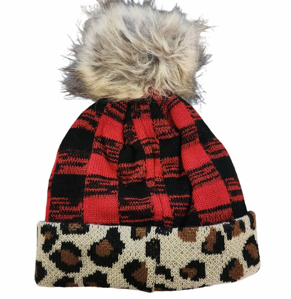 Red Buffalo Plaid Leopard Sherpa Lined Beanie Pom Hat with Repurposed Patch Upcycled Designer Gemz