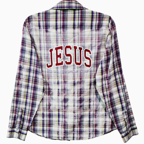 Jesus The Way The Truth The Life Custom Christian Upcycled Plaid Snap Button Wrangler Western Shirt, Women's XL