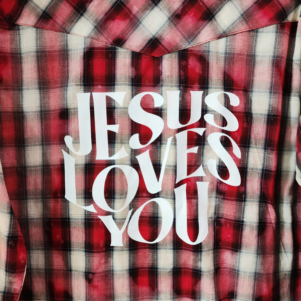 Jesus Loves You Custom Christian Upcycled Plaid Western Snap Button Shirt, Women's S