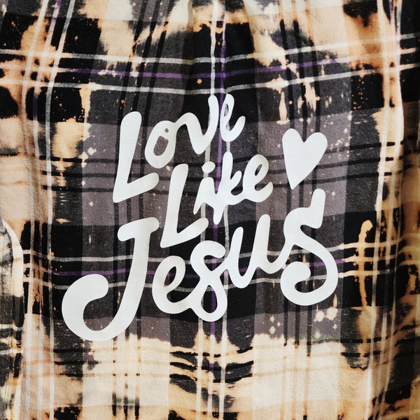 Love Like Jesus Custom Christian Upcycled Black Plaid Flannel Shirt, L