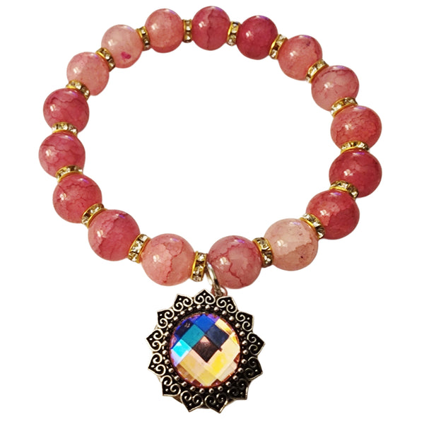 Interchangeable Crystal SunflowerSnap Charm Pink & Rhinestone Beaded Stretch Bracelet