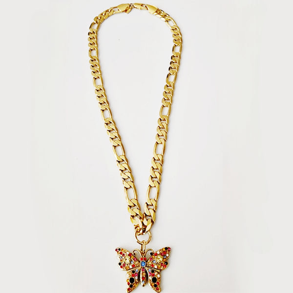 Repurposed Designer Multi-Gemstone Butterfly Pendant on Chunky Figaro Chain