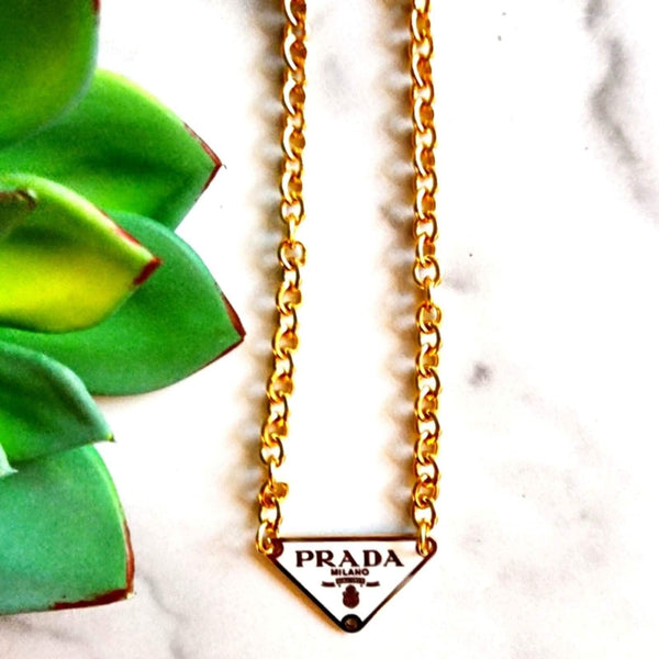 Designer White/Gold Triangle Charm Finding 24K GF Necklace Necklaces Upcycled Gemz