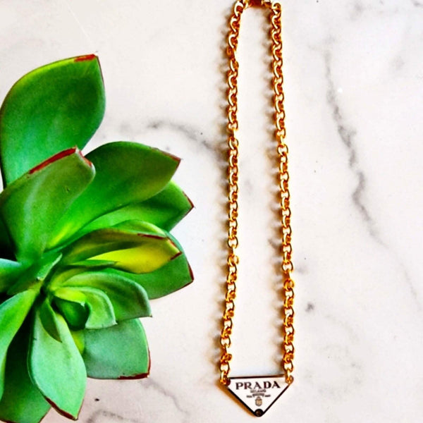 Designer White/Gold Triangle Charm Finding 24K GF Necklace Necklaces Upcycled Gemz
