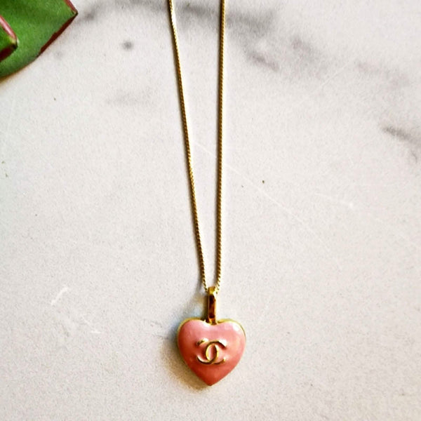 Authentic Designer Heart Shaped Pink Enamel / Gold Charm Finding Necklace Upcycled Gemz