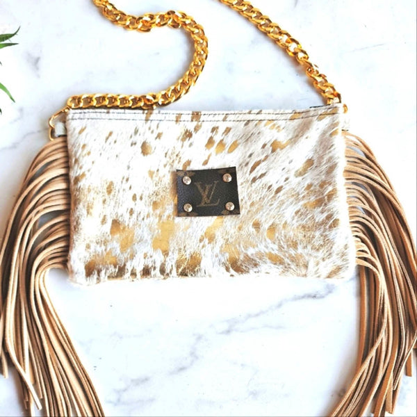 LV Monogram Patch on Hair on Hide Gold Splatter Fringe Bag with Gold Shoulder Chain Strap Upcycled Gemz