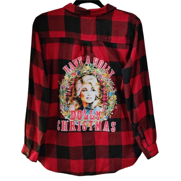 Have a Holly Dolly Christmas Upcycled Red & White Buffalo Plaid Flannel Shirt, M