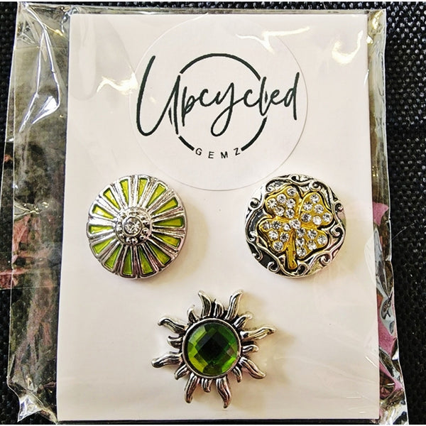 Interchangeable Snap Charm 3 Piece Set - Green/Silver Floral/Starburst Charms